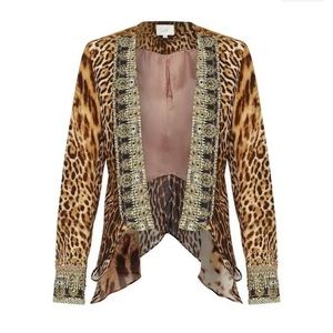 Camilla Leopard Print Embellished Open Front Jacket - Brown